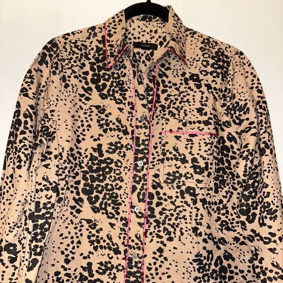 J. Crew Women’s Linen Blend Brown Black Cheetah Print Button Up Size XS - Picture 3 of 12
